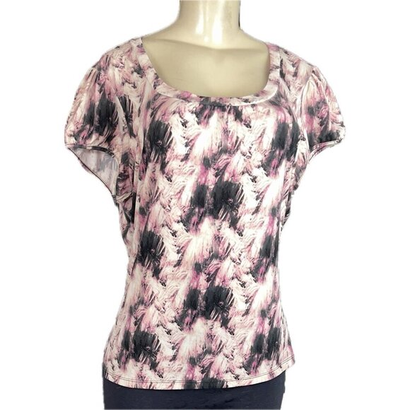 Worthington L Pink-Black-Cream Splash Print Scoop Neckline Short Sleeve Blouse - Picture 2 of 6